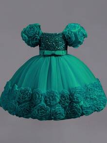 Girls' Floral Party Dress | 3D Embroidered Flowers On Sleeves & Hem With Sparkle Bodice | Special Occasion Gown For Birthday & School Events (2-7 Years) - 墨綠色 - 查看 1