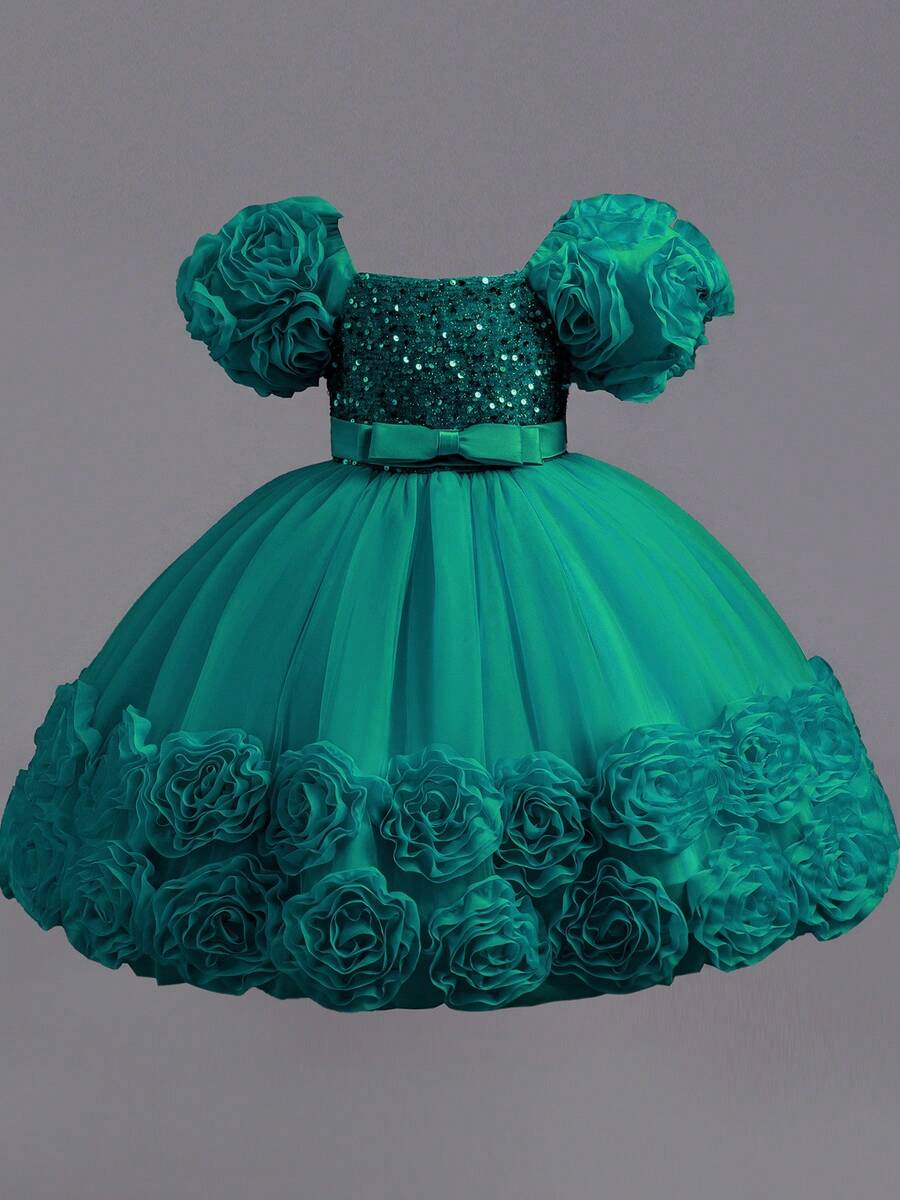 Girls' Floral Party Dress | 3D Embroidered Flowers On Sleeves & Hem With Sparkle Bodice | Special Occasion Gown For Birthday & School Events (2-7 Years) - 墨綠色 - 查看 1