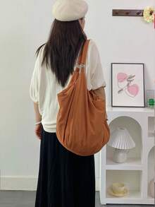 大容量纯色图案单肩包，回归学校简约风格女士斜挎包，尼龙面料包，休闲百搭手提包，适合工作、学习、旅行 - 薑色 - 查看 8