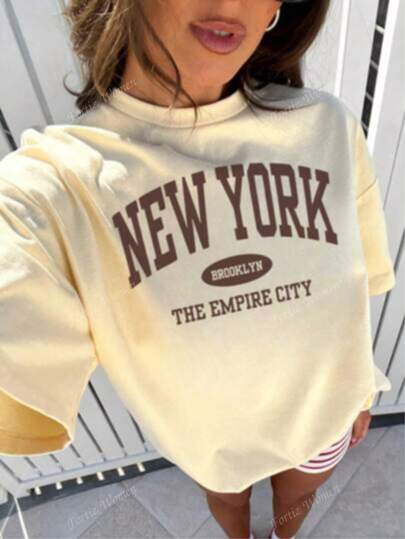 Playera camiseta básica mujer dama cuello redondo manga corta estampado GRAFICO DE NEW YORK BROOKLYN LETRAS CIUDAD GRAPHIC | Textura Suave Fortiz