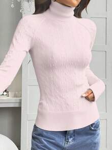 Jersey cardigan mujer, suéter cuello alto, prenda ajustada, ropa de invierno, suéter texturizado, ropa cómoda, suéter elegante, jersey de punto, moda femenina, prenda versátil, suéter con mangas largas, ropa para frío, suéter para layering, outfit casual, moda de otoño-invierno. - Rosa Pálido - Ver 3