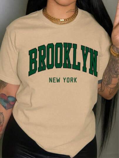 Playera básica mujer dama cuello redondo manga corta estampado GRAFICO BROOKLYN LETRAS CIUDAD CITY GRAPHIC | Textura Suave Fortiz