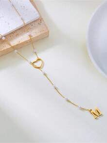 1pc 18K Gold Plated Stainless Steel "Elegance" Heart Pendant Necklace, 26 English Letters Faux Pearl Choker Necklace, Suitable For Daily, Date, Party Wear, Perfect Gift For Girlfriend, Mom On Valentine's Day, Mother's Day - Vàng 7 - Xem 3