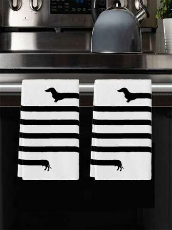 2 件黑白条纹腊肠犬厨房毛巾清洁布简约手茶巾浴室手巾厨房家居装饰烹饪用品餐桌装饰厨房擦干餐具洗碗擦干适用于厨房餐厅日常清洁和节日装饰