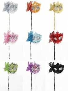 Women's Masquerade Mask With Handle, Half Face Mask For Party, Suitable For Halloween, Floral Patterned Masquerade Mask, Fashionable Half Face Mask Prop, Suitable For Parties, Celebrations, Performances, Suitable For Various Festivals And Events, Mysterious, Great Gift For Valentine's Day, Christmas, Halloween - Multicolor - View 4