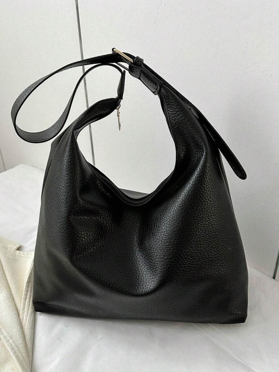 New Versatile Solid Color PU Shoulder Bag, Casual Minimalist Baguette Bag, Large - Black - View 1