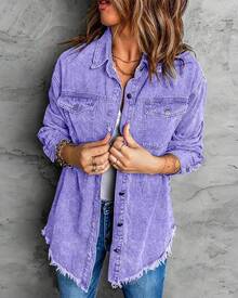 Vetinee Women's Oversized Button Up Frayed Hem Shacket Long Sleeve Pockets Denim Jean Jacket - Aster Purple - 查看 3