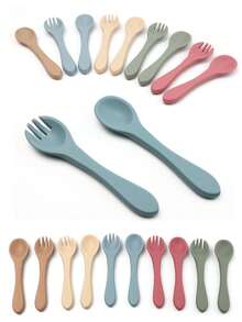 2 Pieces Baby Silicone Fork And Spoon; Children's Learning To Eat Training Utensils; Infant Feeding Accessory Fork And Spoon.
