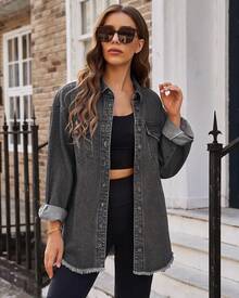 Chaqueta de jean con botones, dobladillo deshilachado, mangas largas y bolsillos para mujer, de talla grande - Gris ahumado - Ver 6