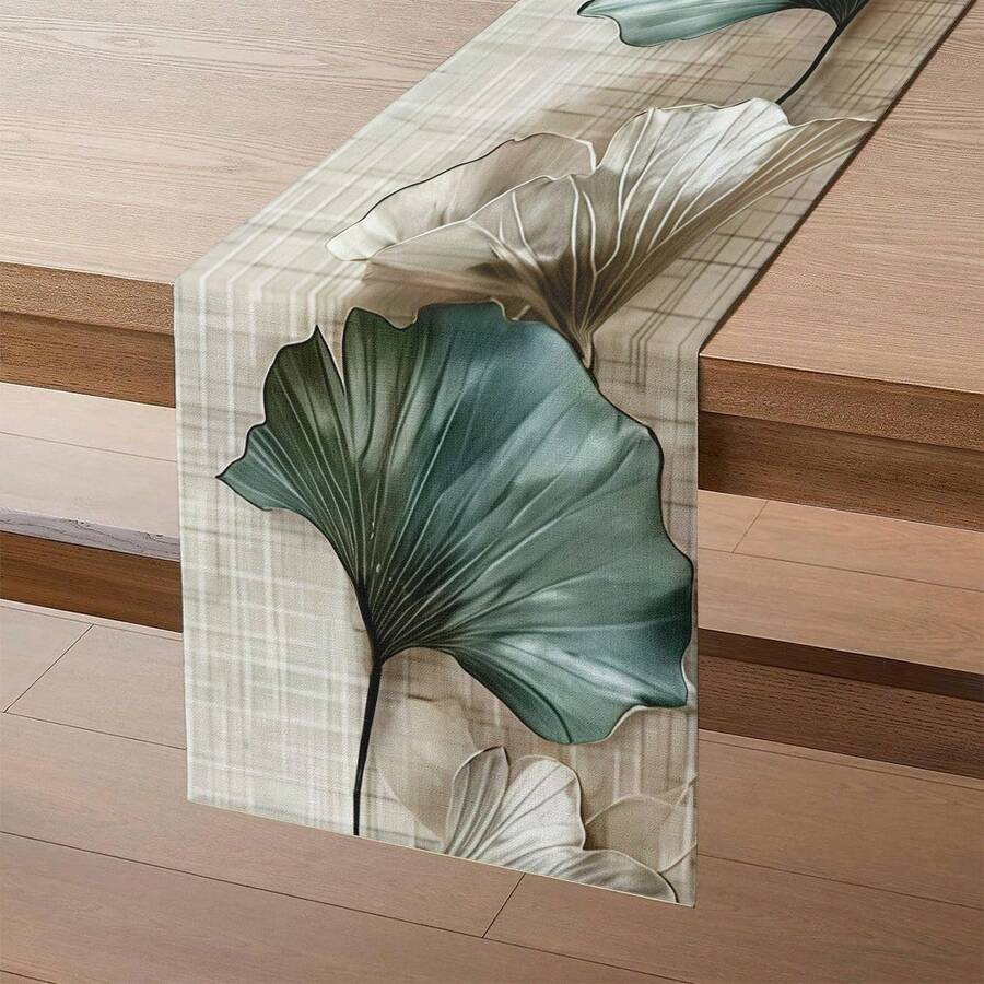 1 pieza Elegante Tapete de Mesa con Estampado Texturizado de Hoja de Ginkgo. Tapete de Mesa Estampado. Decoración del Hogar, Decoración Navideña, Regalo, Mantel Rectangular, Decoración de Mesa de Comedor, Decoración de Superficie, Tapete de Mesa de Gran Tamaño, Repisa de Chimenea, Decoración de Marco de Puerta y Ventana, Material Tipo Lino. Adecuado para Reuniones en el Hogar, Interior, Exterior, Entrada, Mesa de Café, Sala de Estar, Cocina Comedor. Lavable a Máquina. - Verde - Ver 1