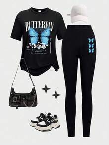 2pcs Girl Fashionable And Inspirational Style Butterfly Print Sportswear Set, Soft And Comfortable, Spring Autumn Daily School Wear - Black - View 2