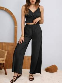 Traje Casual Mujer Dos Piezas,Set De 2 Piezas Camisola Y Pantalones Para Mujer,Conjunto De Vacaciones,Chaleco Elástico Y Pantalón Partido,Blusa Casual Femenina, Traje De Pantalones De Piernas Anchas - Negro - Ver 3