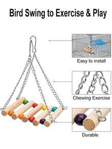 1/5/8 Pcs/Set Wooden Bird Swing With Hanging Bell(Accessory Colour Is Random) - Fun Chew Toy For Parrots And Other Birds - Cage Accessory For Happy And Healthy Pets - Beige - View 7
