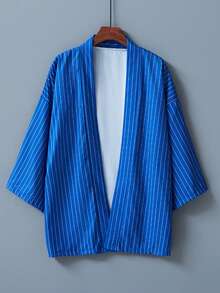 Japanese Style Loose Fit Versatile Striped Kimono Cover Up, Summer Robe, Sleepwear, Beach Cover-Up, Sun Protection - Navy Blue - View 1