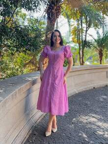 Simple Midi Dress Button Eyelet Embroidery Zipper Wedding - 查看 6