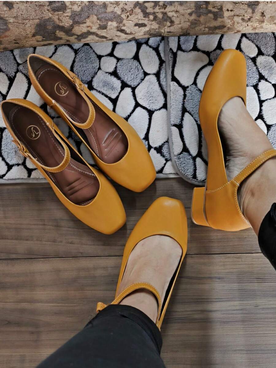 Women's Mary Jane Comfort Mustard Doll Shoes, 3 Cm Heel, Elegant Office - Màu Mù tạt vàng - Xem 1