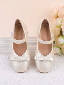 女童时尚白色和香槟色蝴蝶结装饰优雅高跟正装鞋，适合正式礼服、演奏会、芭蕾舞、婚礼、派对，适合幼儿、小女孩和大女孩