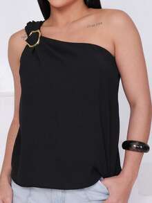 Women's Single Strap Blouse With Gold Organic Buckle, Duna Fabric, One Shoulder, Elegant Mule Sleeve, M, L, XL - 黑色 - 查看 3