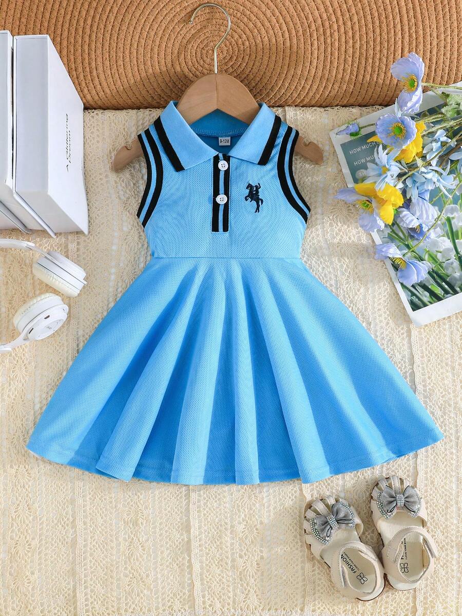 Đầm thêu cổ áo phong cách đại học dễ thương, thoáng khí, thoải mái cho bé gái, Đầm thời trang mùa hè thanh lịch cho bé gái - Màu xanh lam - Xem 1