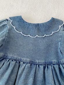 Bộ áo liền quần mùa thu mới cho bé gái, áo liền quần thêu bèo nhún, áo liền quần tam giác denim ngọt ngào thoải mái cho bé tập bò (Sản phẩm này có kiểu dáng rộng rãi, vui lòng chọn nhỏ hơn một size nếu bạn muốn kiểu dáng ôm sát hơn) - Màu xanh lam - Xem 6