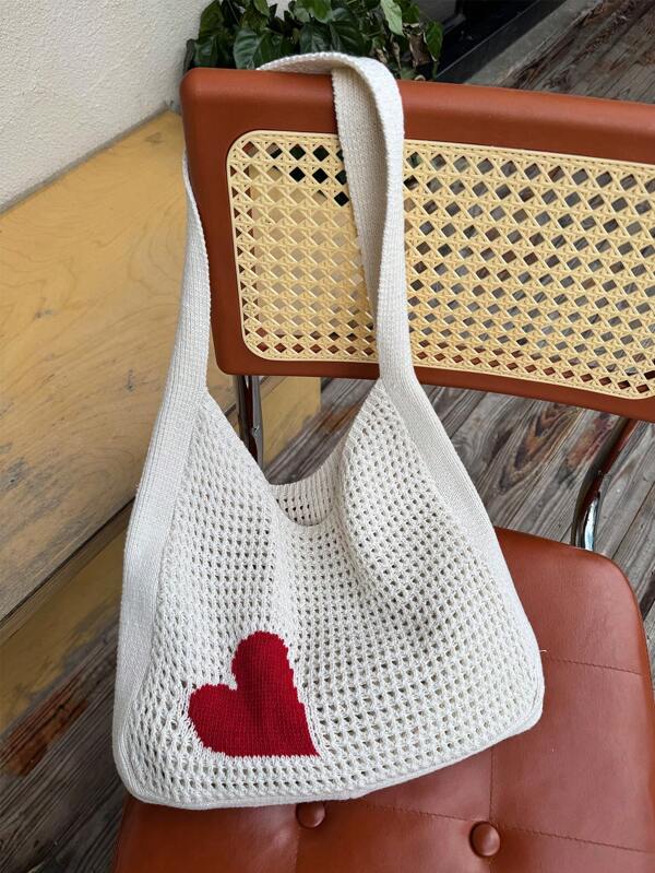 Borsa a tracolla intrecciata a motivo a cuore, nuova borsa casual da spiaggia per le vacanze, borsa a rete all'uncinetto, adatta come borsa per studenti per il ritorno a scuola e per i compiti