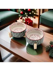 Ceramic Cat/Dog Bowl With Anti-Slip Wooden Stand, Elevated Pet Food & Water Bowl, Round Pet Feeding Bowl, Dishwasher , Easy To Clean - Mint Green - View 4