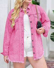 Vetinee Women's Oversized Button Up Frayed Hem Shacket Long Sleeve Pockets Denim Jean Jacket - Magenta Pink - 查看 3