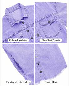 Vetinee Women's Oversized Button Up Frayed Hem Shacket Long Sleeve Pockets Denim Jean Jacket - Aster Purple - 查看 6