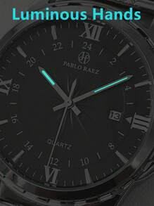 Pablo Raez ساعة رجالية أعمال ساعة معصم للرجال، هيكل من الفولاذ المقاوم للصدأ SUS304 بغلاف فضي، إطار فاخر أسود، جلد ناعم ومريح من الميكروفيبر، قطر كبير مع تاريخ، مقاوم للماء 50 متر، ساعة كوارتز رياضية كاجوال جديدة كهدية رائعة للأصدقاء أو عائلة الأب، مناسبة للحياة اليومية والعمل والحفلات