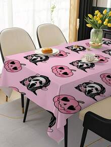 1pc Halloween Pink Theme Tablecloth, Printed With Scary Faces & Pumpkin Hearts, Quirky Style With Holiday Vibe. Rectangular Design, Unique & Eye-Catching Pattern, Vivid Details, Suitable For Halloween Dining Table Decor, Adding Personalized & Fun To Meal Settings.