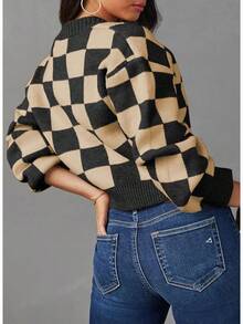 Women's Checkered Button Down Long Sleeve Knit Cropped Cardigan Sweater Tops, Style - 杏 - 查看 4