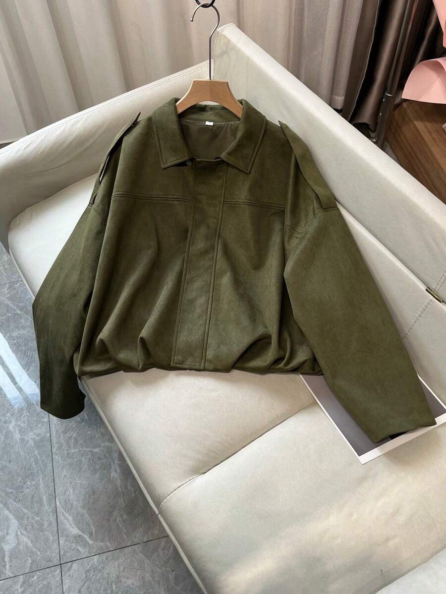 FGGG 军绿色短款麂皮夹克，女士秋冬款，缝线领口，长袖，宽松版型，百搭叠穿，适合休闲外出、聚会和通勤等场合。 - 軍綠色 - 查看 1