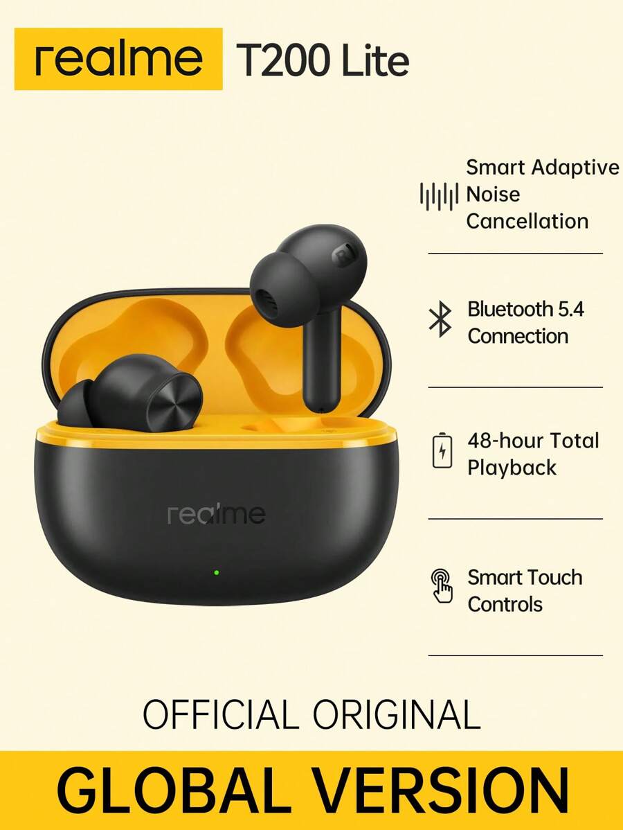 Realme Buds T200 Lite 无线蓝牙 5.4 耳机，支持双设备连接，播放时间长达 48 小时，IPX4 防水，触控，双麦克风 AI 深度通话降噪。低延迟游戏模式，符合人体工学的入耳式设计，兼容安卓/iOS 系统，配备充电盒（白色/黑色） - 均碼 - 查看 1