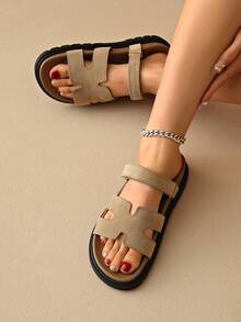 Women's Adjustable Hook And Loop Flat Sandals, Thick Sole Slip-On Summer Shoes, Comfortable Daily Walking Shoes. Vacation Style Suede Khaki Slide Sandals - Khaki - View 2