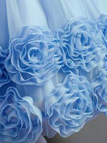 Girls' Floral Party Dress | 3D Embroidered Flowers On Sleeves & Hem With Sparkle Bodice | Special Occasion Gown For Birthday & School Events (2-7 Years) - 藍色 - 查看 6