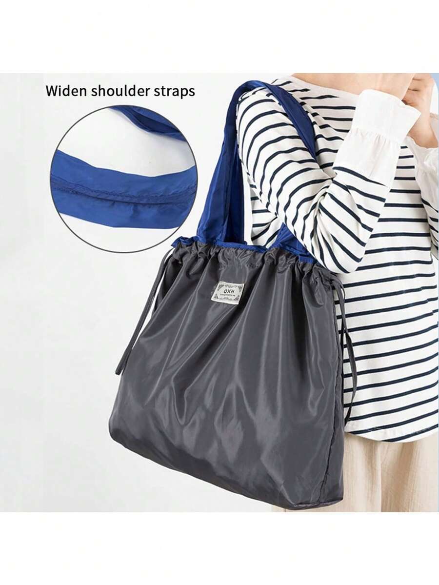 Large Capacity Drawstring Closure Washable Grocery Shopping Tote Bag, Foldable Handheld Storage Bag For Supermarket (All Printed Letters Random) - Grey - View 1