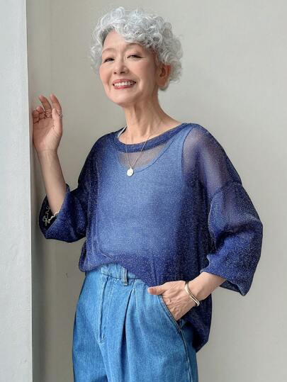 FRIFUL 女式宽松蓝色圆领透视网眼罩层上衣，春夏长袖上衣