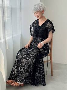 FRIFUL 女士黑色长款薄纱蕾丝V领收腰连衣裙，度假沙滩装优雅舞会礼服嘉年华长裙 - 黑色 - 查看 3