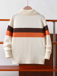 Boys' Contrast Color Striped Sweater, Argyle Knit Turtleneck Pullover, Suitable For School, Everyday Wear, Spring, Autumn, Winter - Apricot - View 3