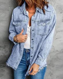 Vetinee Women's Oversized Button Up Frayed Hem Shacket Long Sleeve Pockets Denim Jean Jacket - 路夜藍 - 查看 4