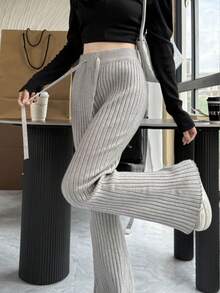 2026 女士春季针织糯米裤，灰色抽绳喇叭裤，羊毛混纺，宽松版型，修身显瘦