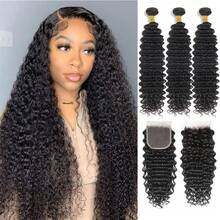 MENALUE Bundles And Closure Deep Wave Bundles With Closure 20 22 24+18, Free Part Wet And Wavy Hair 3 Bundles With Lace Closure 100%Brazilian Virgin Human Hair Weave Bundles With Closure Natural Color Style Keep Texture Silky Soft Extension - Natural Black - View 2
