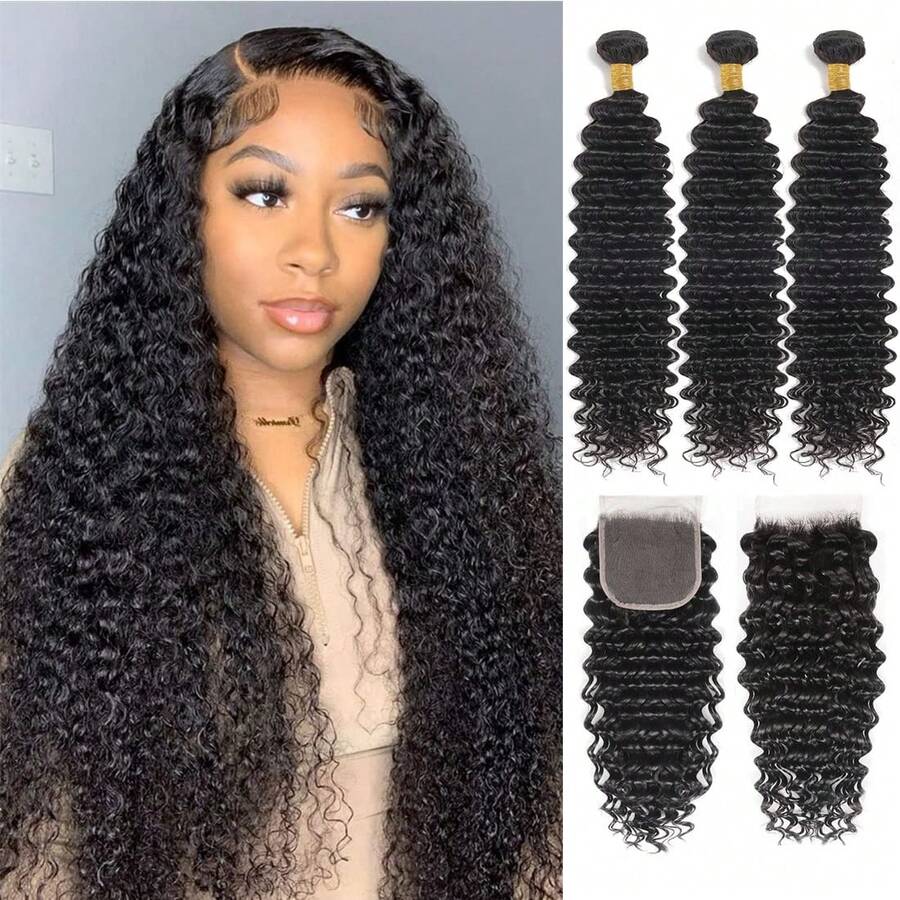 MENALUE Bundles And Closure Deep Wave Bundles With Closure 20 22 24+18, Free Part Wet And Wavy Hair 3 Bundles With Lace Closure 100%Brazilian Virgin Human Hair Weave Bundles With Closure Natural Color Style Keep Texture Silky Soft Extension