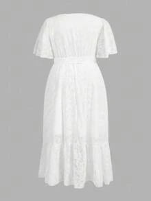 Enliva Jennifer_samantha_style Plus Size European & American Style Waist-Cinching Ruffle Trim Form-Fitting One-Piece Tie-Up Dress, For Apple Rounded Body Shape - White - View 3