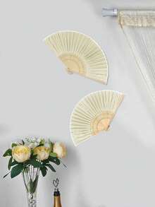 2pcs Silk Hand Fans, Decorative Solid Color Cloth Fans, Wedding Gift, Folding Bamboo Fans, DIY Desktop Hanging Decor - Beige - View 3
