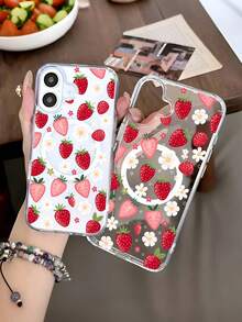 Pink Strawberry Flowers Pattern Premium Magnetic Phone Case For Compatible With IPhone 16/16e/15/14/13/12/11/ProMax/Pro/Plus/XSMax/XS/X, For Compatible With Samsung Galaxy S22/S23/S24/S25/Plus/FE/Edge/Ultra,Fashion Female Summer Unique Android Y2k Cases Transparent Shockproof Anti-Drop Ultra-Thin Design Acrylic+Tpu Hard Back Non-Yellowing Clear Protection Cover Men Casing Girl Women Ultimate Protective Fundas Para Protectores De Celulares Accessories Friend Gift Aesthetic Protector Forro De Teléfono - 無色 - 查看 4