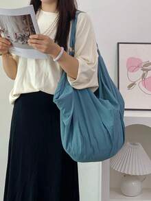 大容量纯色图案单肩包，回归学校简约风格女士斜挎包，尼龙面料包，休闲实用多用途手提包，适合工作、学习、旅行 - 水鴨藍 - 查看 4