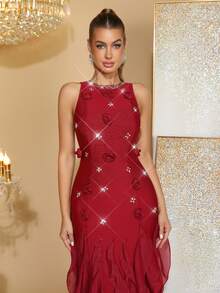 New Sexy Off-The-Shoulder Rhinestone Decorated Handmade Three-Dimensional Flowers Slim Fit Long Bandage Dress Holiday Wedding Bridesmaid Dress Elegant Birthday Party Ladies Formal Dinner Dress Skirt