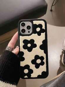1pc Multi-Color IP16, INS Plush Black Flower Phone Case Suitable For IP11, 12, 13, 14, 15, 16, 15/16/12/13/14 ProMax, IP14/11/12/13 Pro, Smartphone Case, Compatible With IP14/15/16 Plus