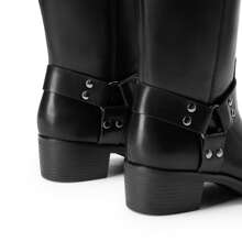 Women's Square Toe Motorcycle Knee High Boots Riding Pull-On Fashion Chunky Low Heel Buckle Decorated Long Boots For Women